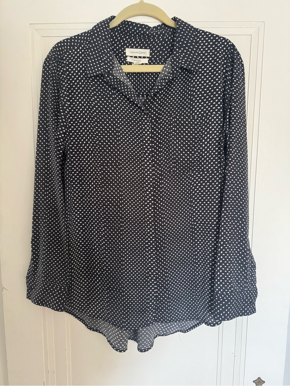 Treasure & Bond Navy and White Polka Dot Button-Down Blouse